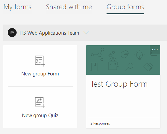 A screenshot showing the Group forms tab in Microsoft forms, with options to create a New group Form, New group Quiz, or edit an existing form.