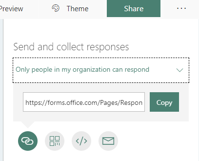 The "Send and collect responses" dialog with the "Only people in my organization can respond" option selected, the URL to share and a copy button.