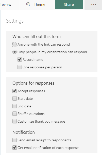 The Microsoft Forms email settings dialog with the "Get email notification of each response" checkbox checked under the "Notification" section.