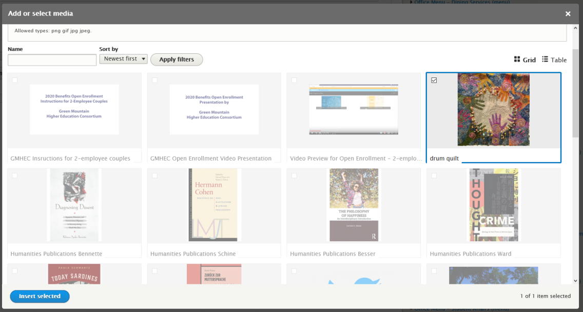 The media library dialog with an image labelled "drum quilt" selected.