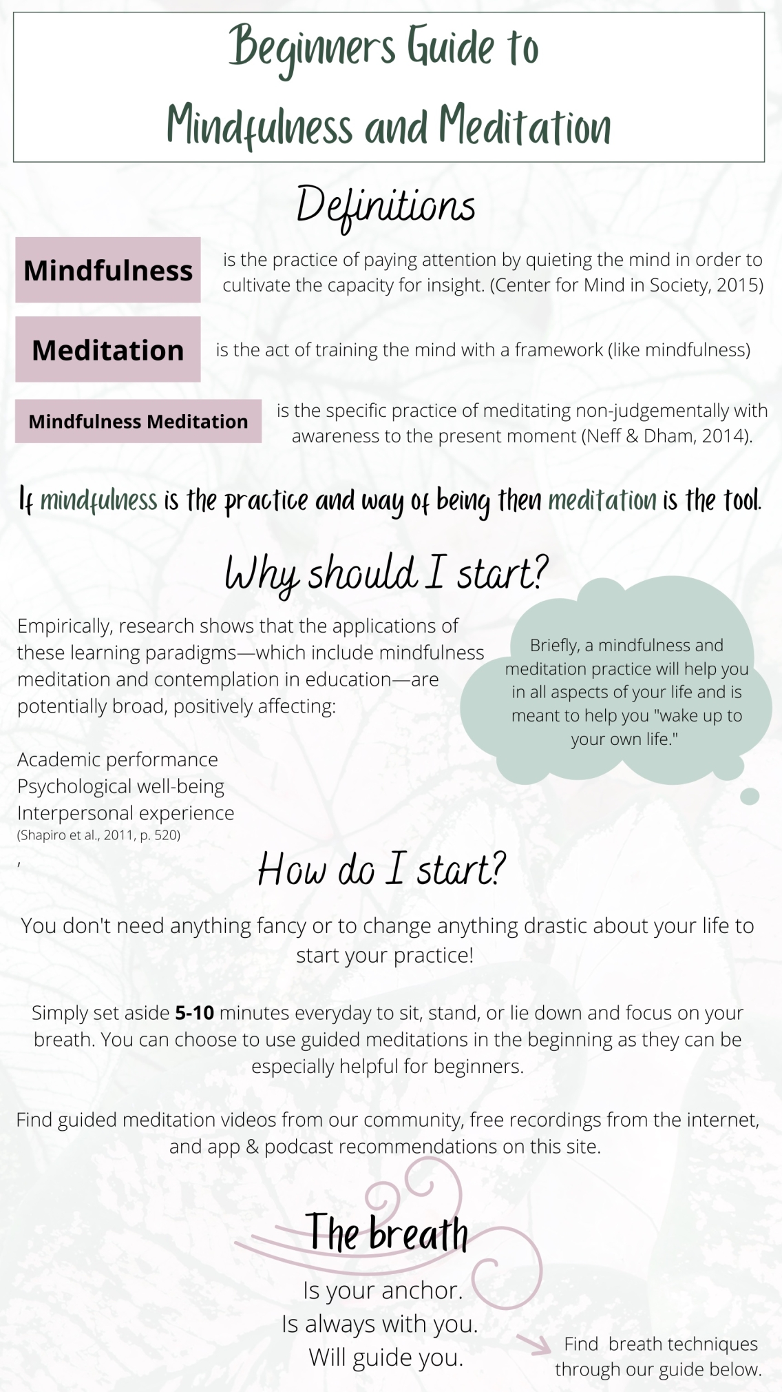Beginner Meditation Guide includes definitions, why should i start, and how to start sections and instructions. The background is a leaf pattern faded with pink and pale green as the accent colors of the poster.