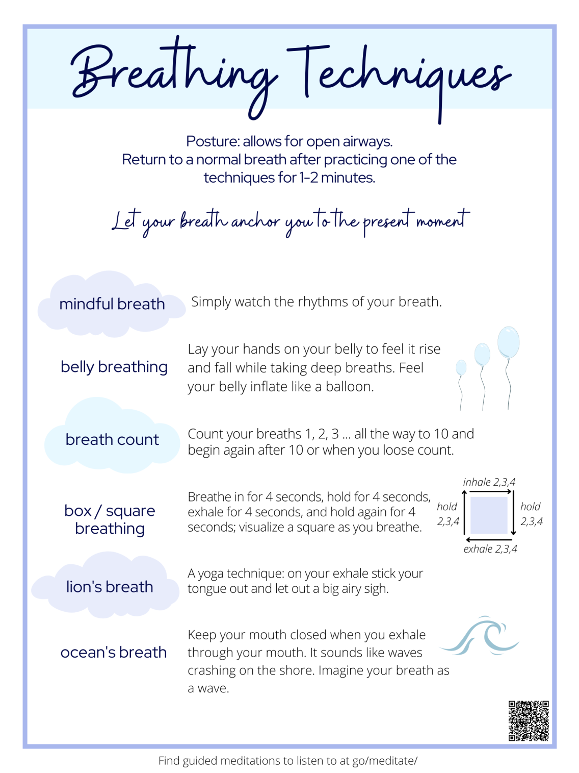 breathing techniques poster with clouds and balloons and a wave, a diagram with breathing in and out is also shown