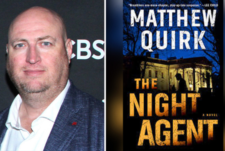 A portrait of Screenwriter Shawn Ryan next to the book cover image of Mattew Quirk’s "The Night Agent"