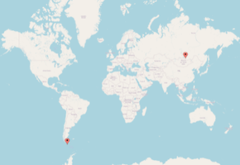 A map of the world with red dots in Chile and Russia
