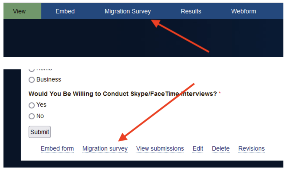 A screenshot of forms.middlebury.edu showing the location of the migration survey links
