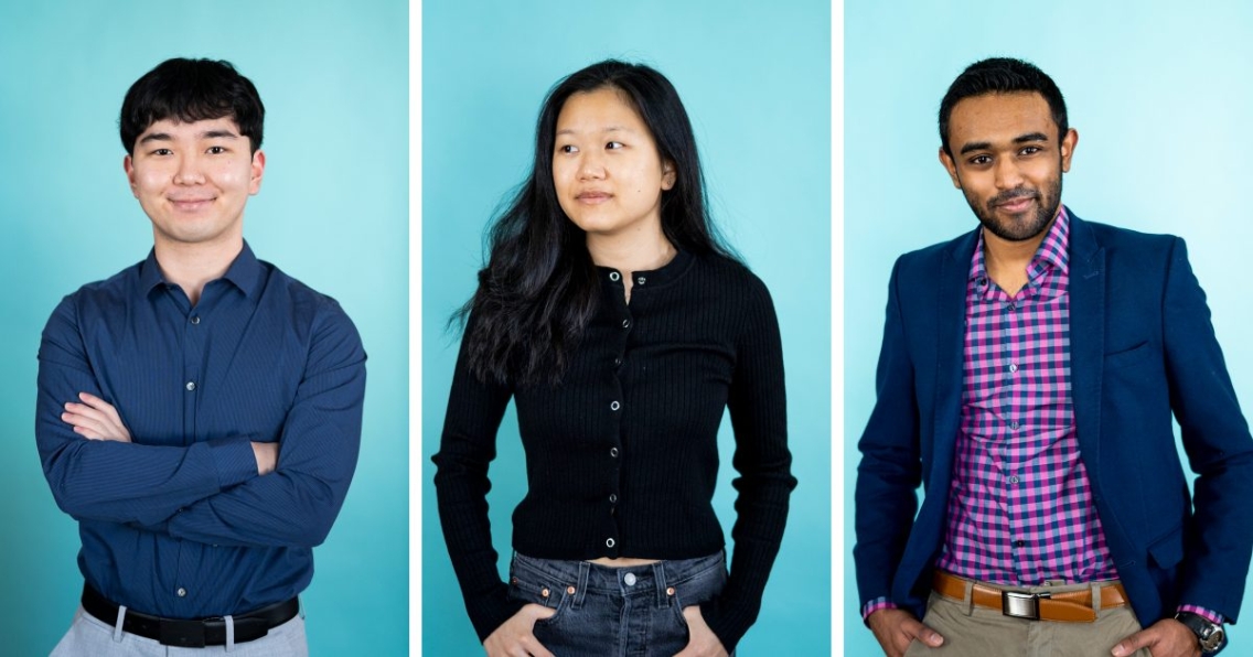Naoki Kihata, Jordyn Kim, and Keerthi Martyn pose for the camera in a triptych with a light blue background