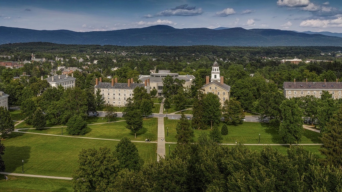Aerial view of Middlebury College buildings and green grounds