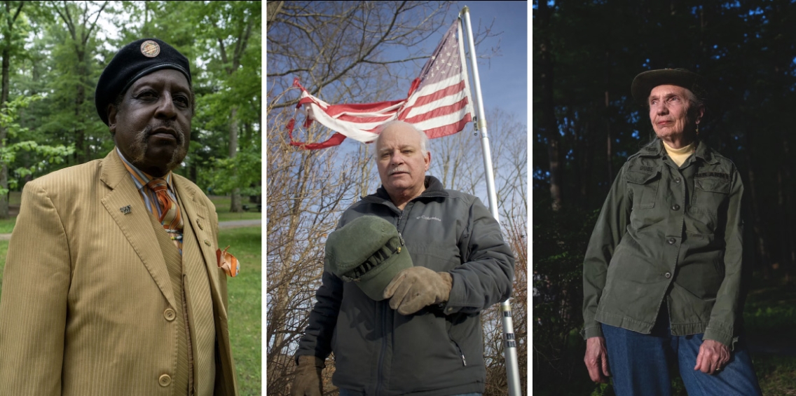 Army radio operator Bernard McClusky; Army radio operator Tom; Nurse and Army Captain Maryanna Hiester pose for patriotic portraits.