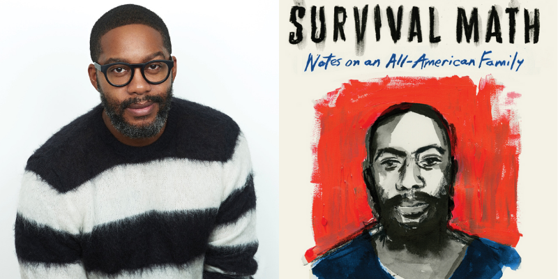 A portrait of Mitchell S Jackson next to the cover of his memoir "Survival Math: Notes on an All-American Family"