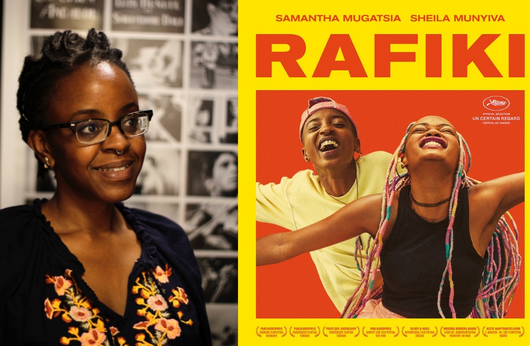 A smiling portrait of Natasha Ngaiza next to the bright orange and yellow poster for the film Rafiki, which also features two smiling Black women