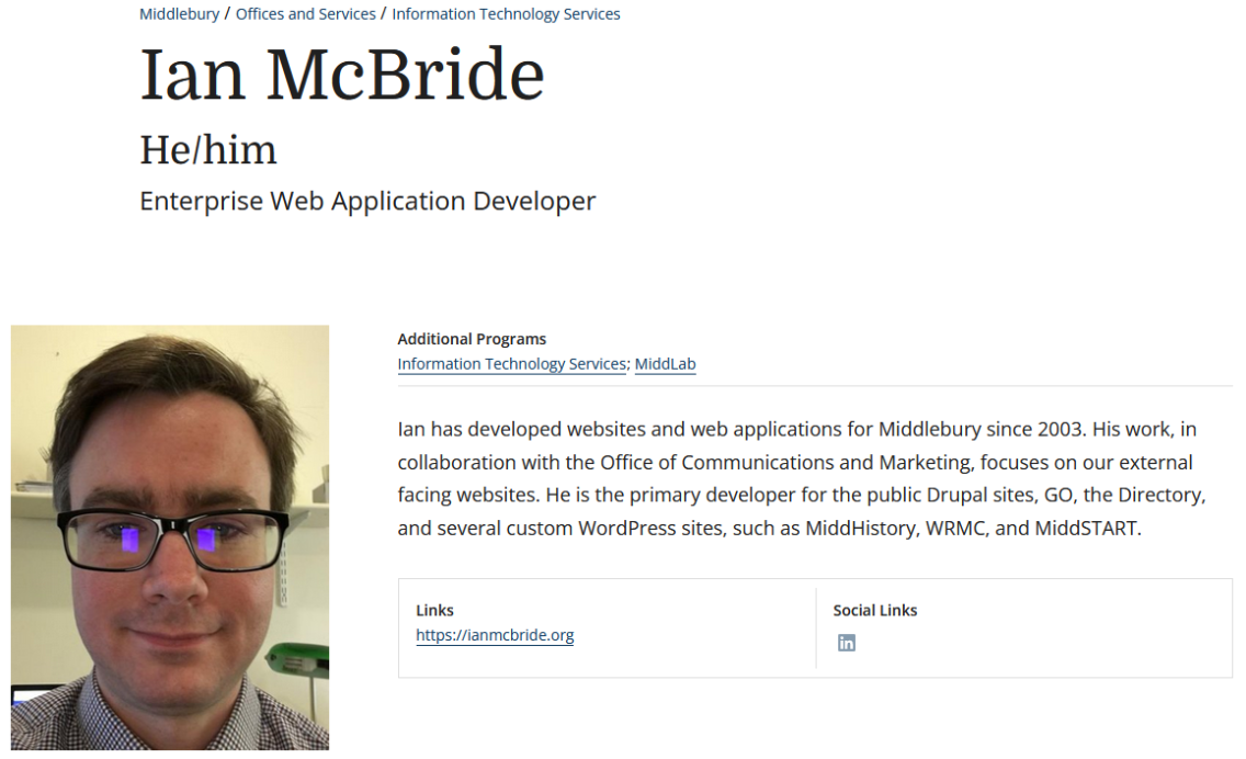 Ian McBride's profile detail showing at the top his name, pronouns, and job title, an image on the left, and links to listings, a biography, and additional links on the right.