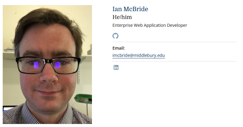 Ian McBride's profile teaser showing an image on the left and his name, pronouns, job title, scholarly identity links, email, and social links on the right.