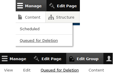 A combined screenshot showing the Queed for Deletion menu on school sites above the Offices and Services site version.