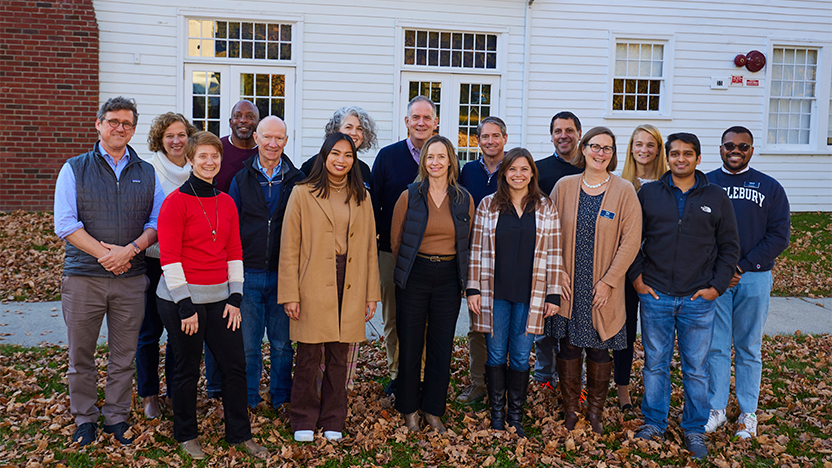 Middlebury's Annual Fund Committee members with Advancement staff outdoors on the Bread Loaf campus.