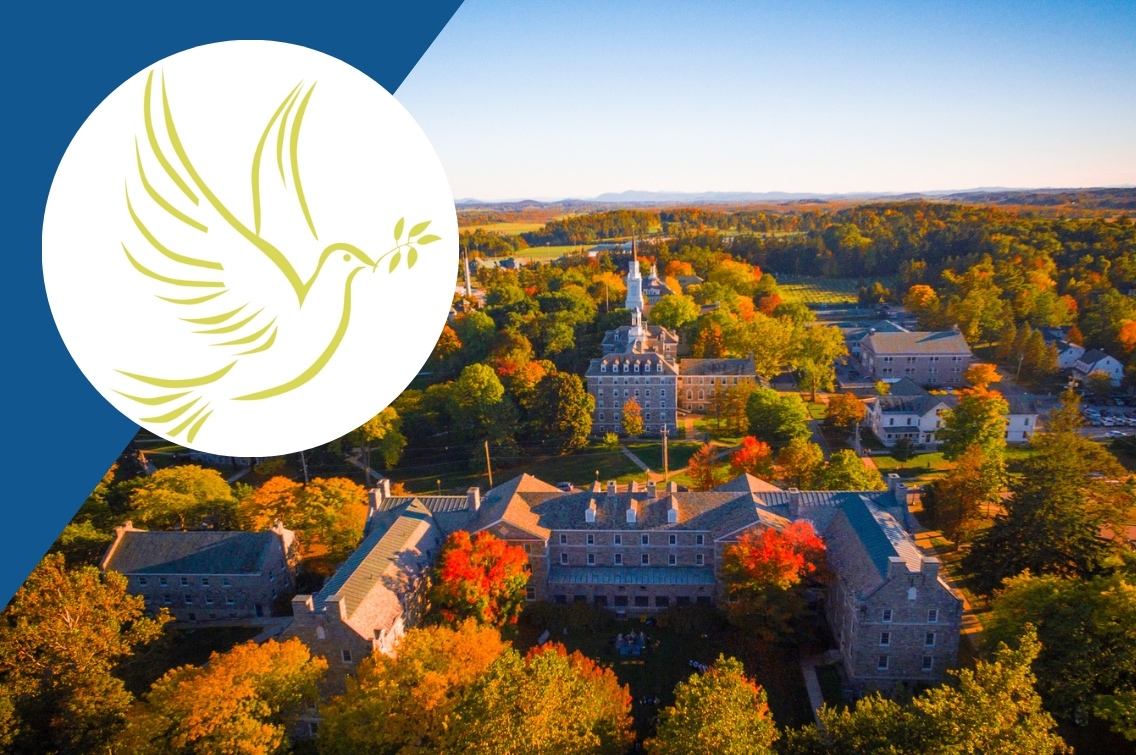 Projects for Peace logo in white and yellow on a blue background above an aerial photo of Middlebury College in autumn.