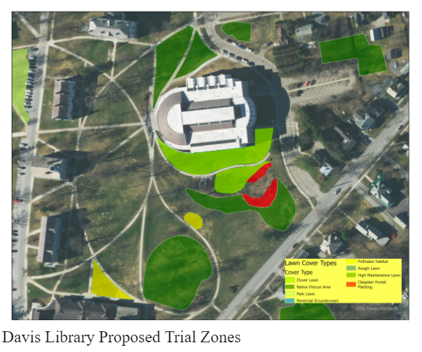 This image shows which areas surrounding Davis Library will be rewilded,