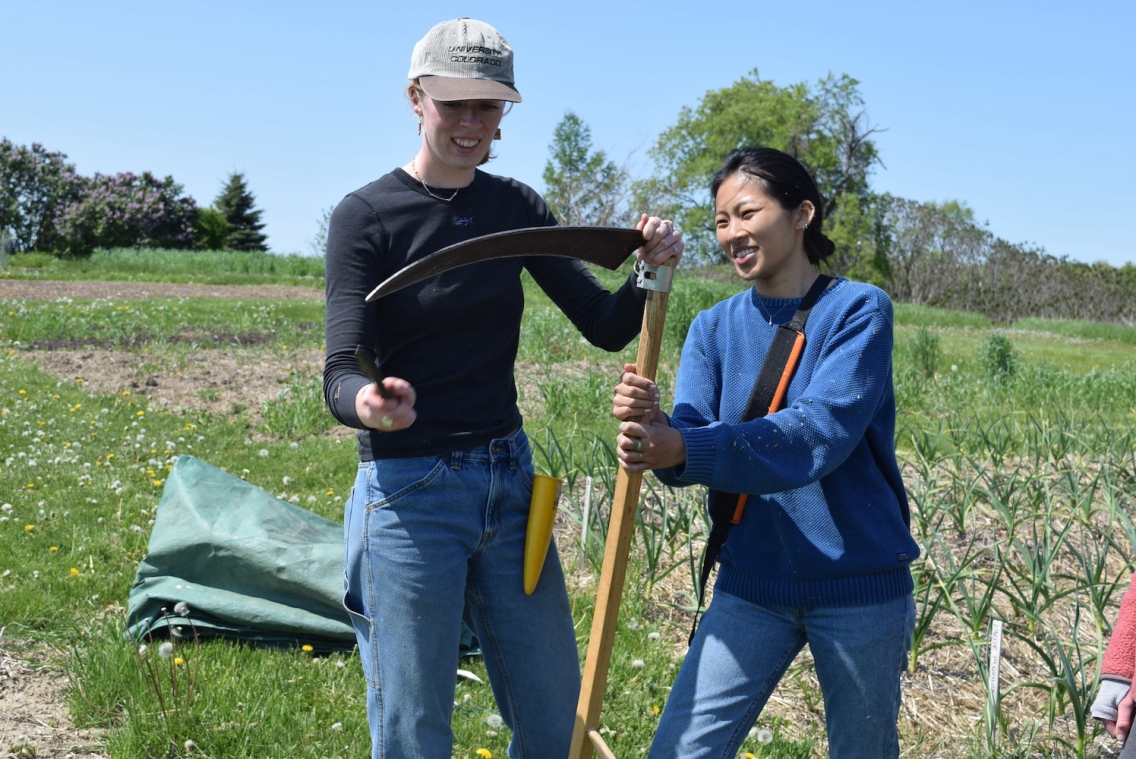 Two Middlebury Student workers examine a scythe at The Knoll