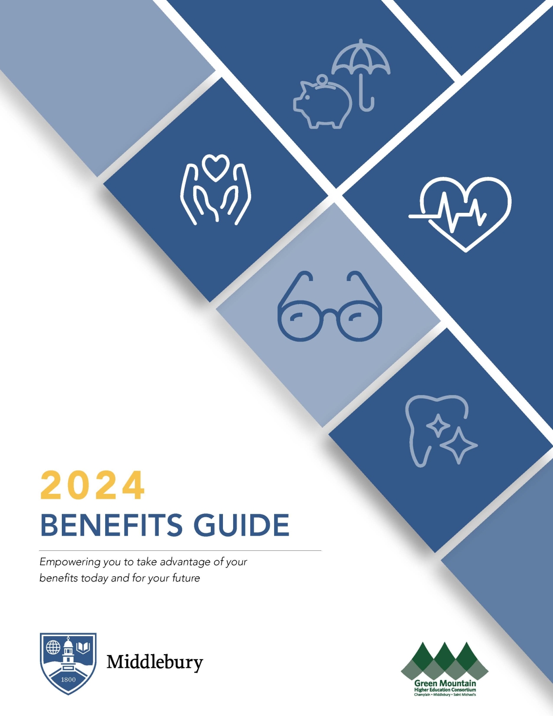 An image of the cover of the 2024 Middlebury College Benefits Guidebook featuring the text, "2024 Benefits Guide. Empowering you to take advantage of your benefits today and for your future."