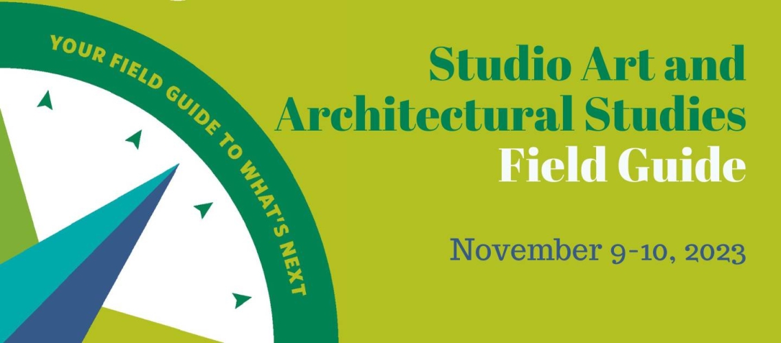 A lime green banner with a white, kelly green, blue, green and teal compass in the left bottom corner. To the right of the compass, the text reads, "Studio Art and Architectural Studies Field Guide November 9-10, 2023