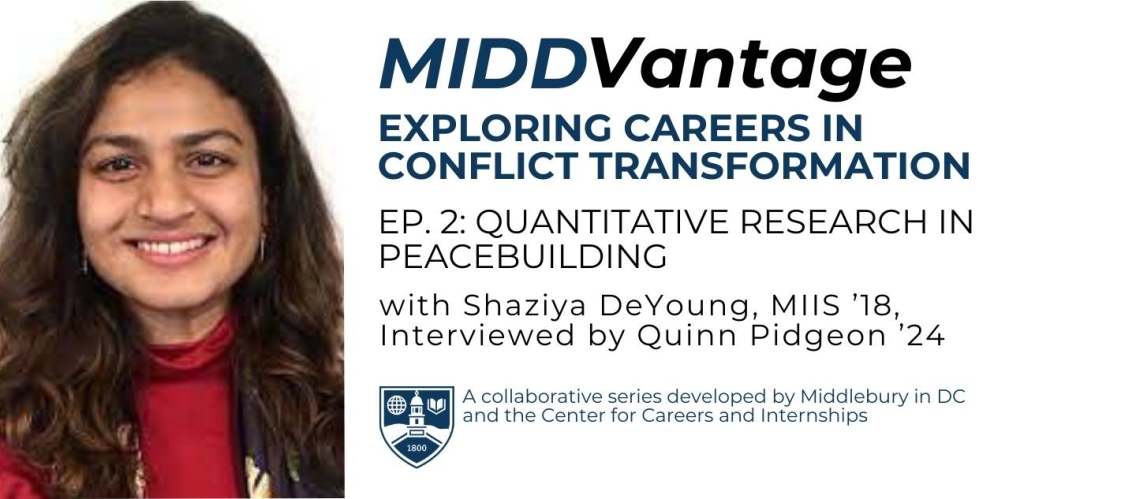 A white graphic with a photo of a young woman with long brown hair and a red turtleneck. The graphic content includes, "MIDDVantage: Exploring Careers in Conflict Transformation Ep. 2: Quantitative Research in Peacebuilding with Shaziya DeYoung, MIIS '18 interviewed by Quinn Pidgeon '24