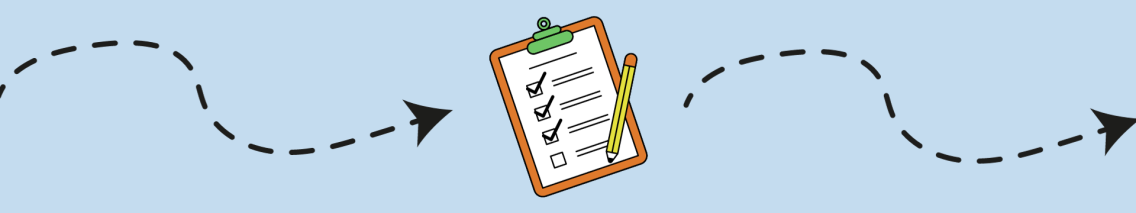 Centered in a light blue rectangle is a cartoon clipboard. The body of the clipboard is brown, the clip is green, and there is white paper clipped into it with three checked checkboxes and one empty one. Hovering above the clipboard is a yellow and pink cartoon pencil. On either side of the clipboard, black squiggly check-marked lines lead to sharp black arrowheads. 