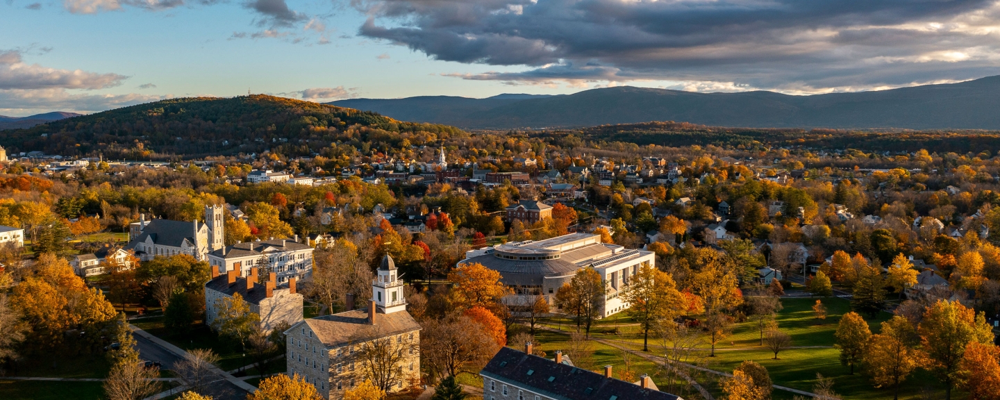An ariel view of the Middlebury Vermont campus in fall.