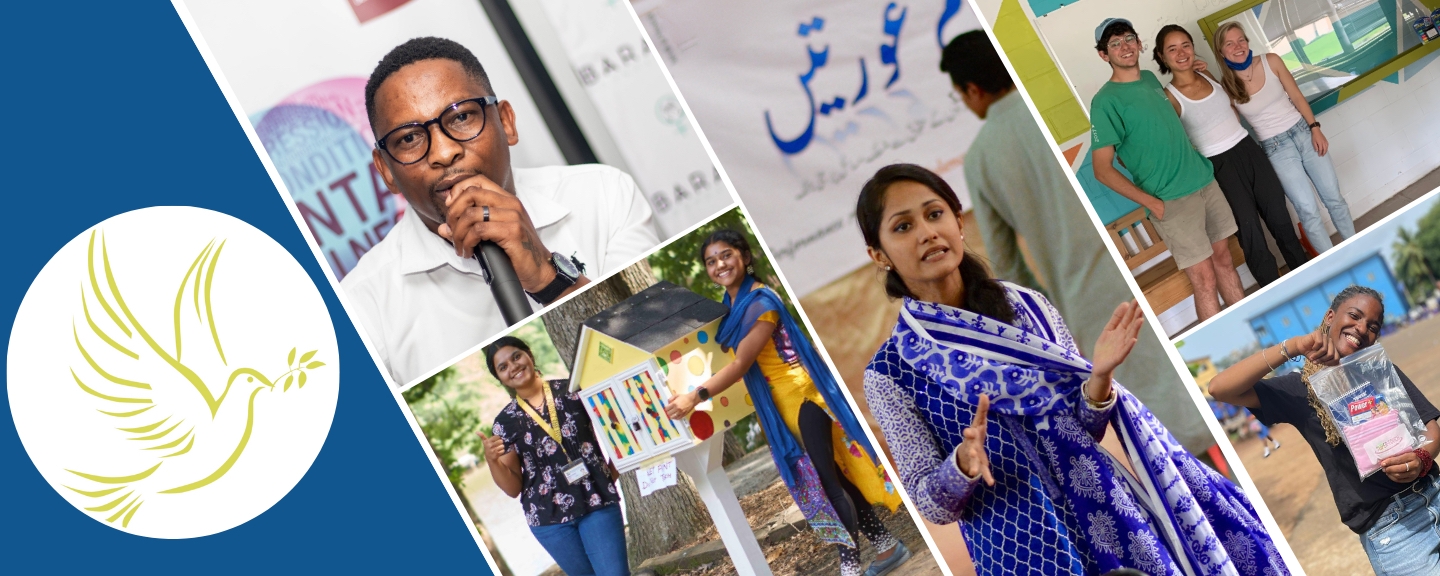 A collage of various photos of college students arranged around a white circle with a yellow dove in the center