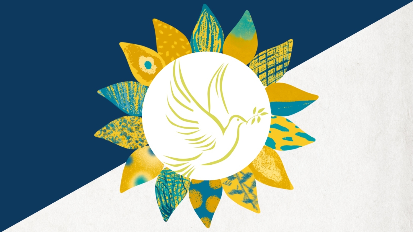 A white circle with a yellow illustration of a dove is centered and surrounded by illustrated blue, green, and yellow sunflower petals. Behind it, the background is diagonally split between navy blue and heather gray. 