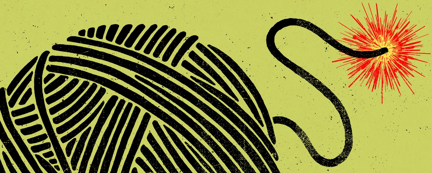 Ball of fabric with one end burning, illustration.