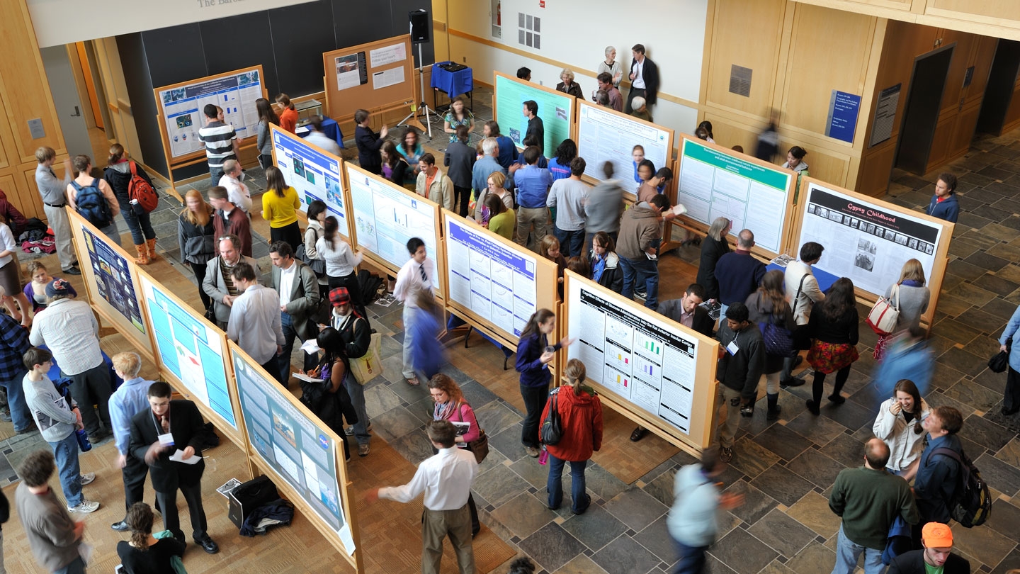 An aerial view of the Spring Student Symposium, where students present research done outside of class.