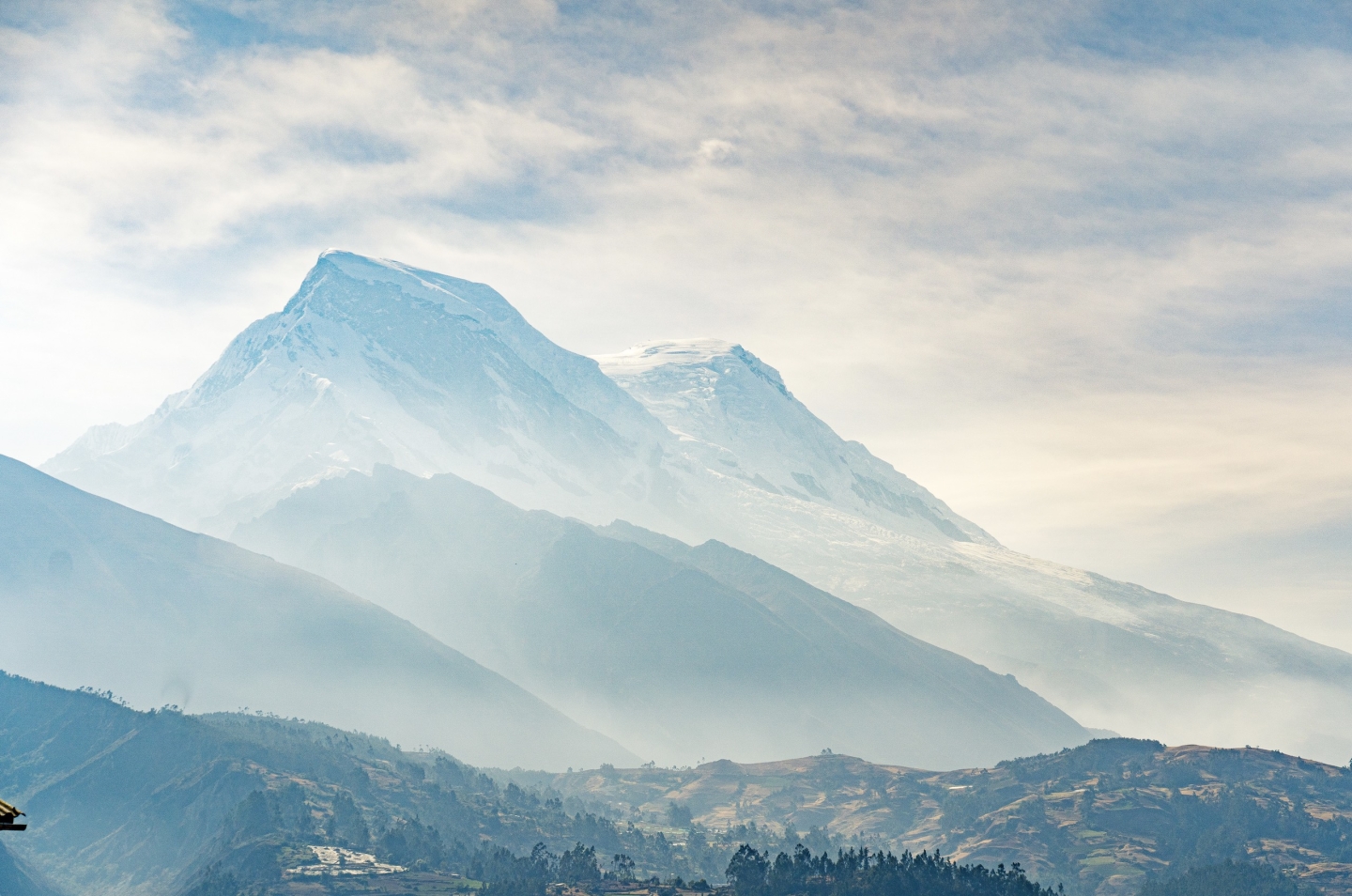 Light blue mountains emerge from a snowy forest into a white and gray cloudy sky