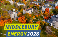 Photo of the Vermont campus for Middlebury College with the words, Middlebury Energy 2028