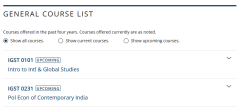 A screenshot of a course list showing the three filter options: all courses, current courses, and upcoming courses.