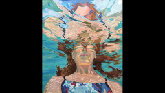 painting of an underwater figure from the nose down with long brown hair and a marbled blue and red bathing suit