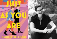 Portrait of Camille Kellogg next to book cover "Just As You Are"