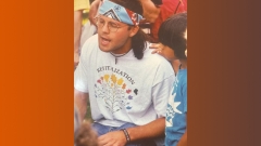 Jesse Bowman Bruchac singing at the drum, Dane Obomsawin by his side (1995)
