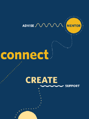 a network of shapes connecting the following words: Advise, Mentor, Connect, Create, Support