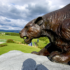 A bronze panther sculpture crouches, ready to pounce, as it overlooks Youngman Field