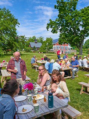 Alumni and family members enjoy a summer picnic at several tables under blue skies