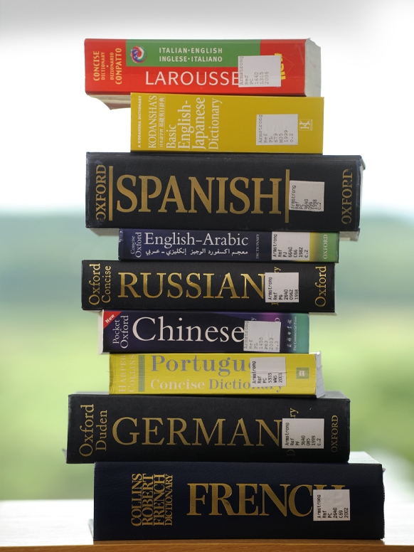A stack of language dictionaries.