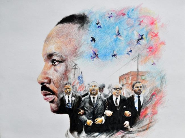 colored pencil drawing of MLK with other faith leaders