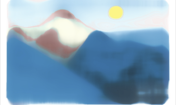 still image from the work "static range," showing the fuzzy outline of a Himalayan mountain range