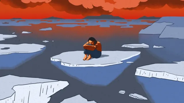 cartoon-style drawing of a person on a small iceberg with red sky