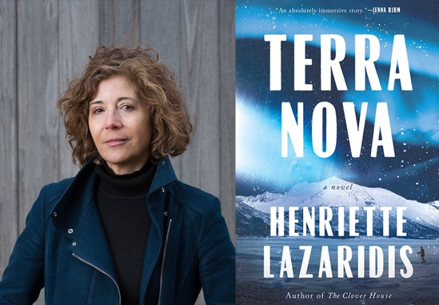 Author Henriette Lazaridis beside a banner of her book Terra Nova Book Cover