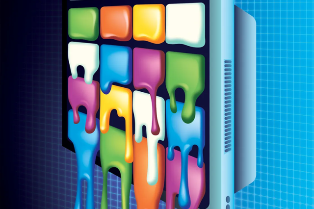 Illustration of a TV screen with different-colored squares melting and dripping off the surface