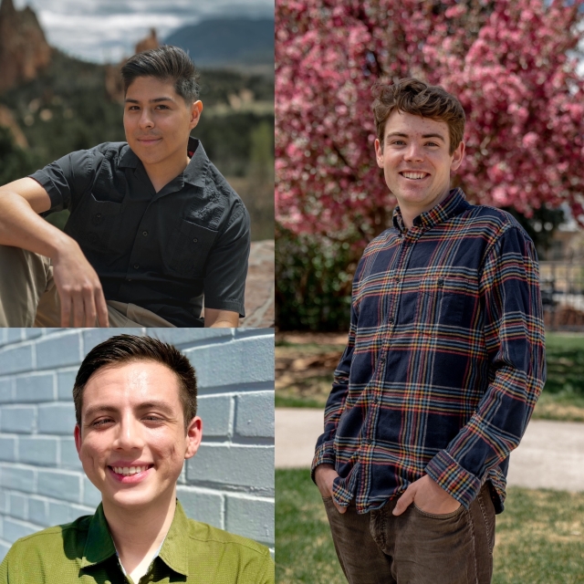 Three photo collage featuring three college-age young men of varying skin tones all smiling and posing for the camera in front of garden backgrounds.