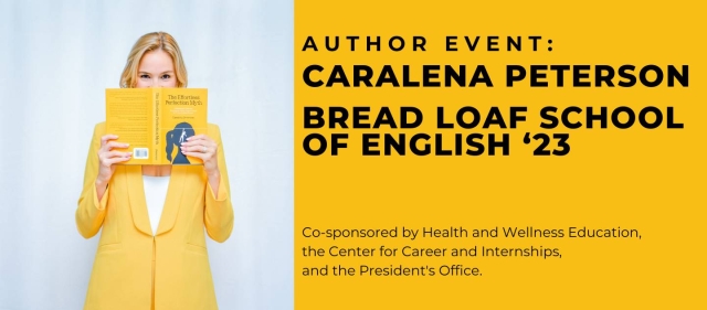 A white woman with blond hair is standing in front of a neutral background with a vibrant yellow suit. She is holding an open book in front of her face, her eyes peering over the top of the book. The book jacket matches her yellow suit.