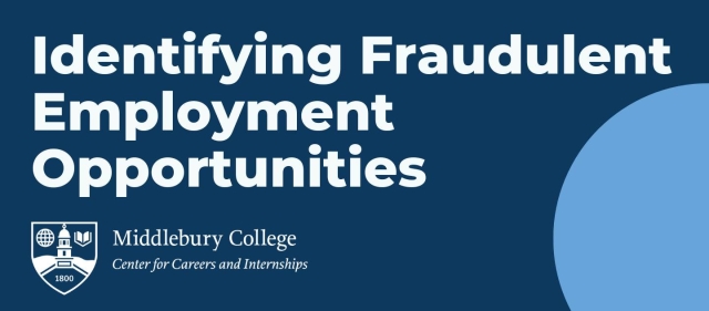 Blue and white graphic saying, "Identifying Fraudulent Employment Opportunities"