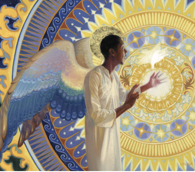 The angel Gabriel as a brown-skinned man with wings, standing against a blue and gold concentric mosaic