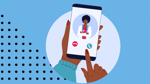An illustration of a hands calling a doctor on a cellphone.